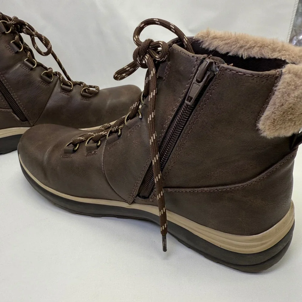 Baretraps Yanty Ankle Boots Faux Fur Collar Lace Up Comfort Brown‎ 8.5M Winter